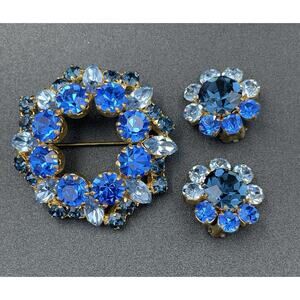Vintage Signed Made in Austria Shades Of Blue Brooch & Clip-On Earrings Set
